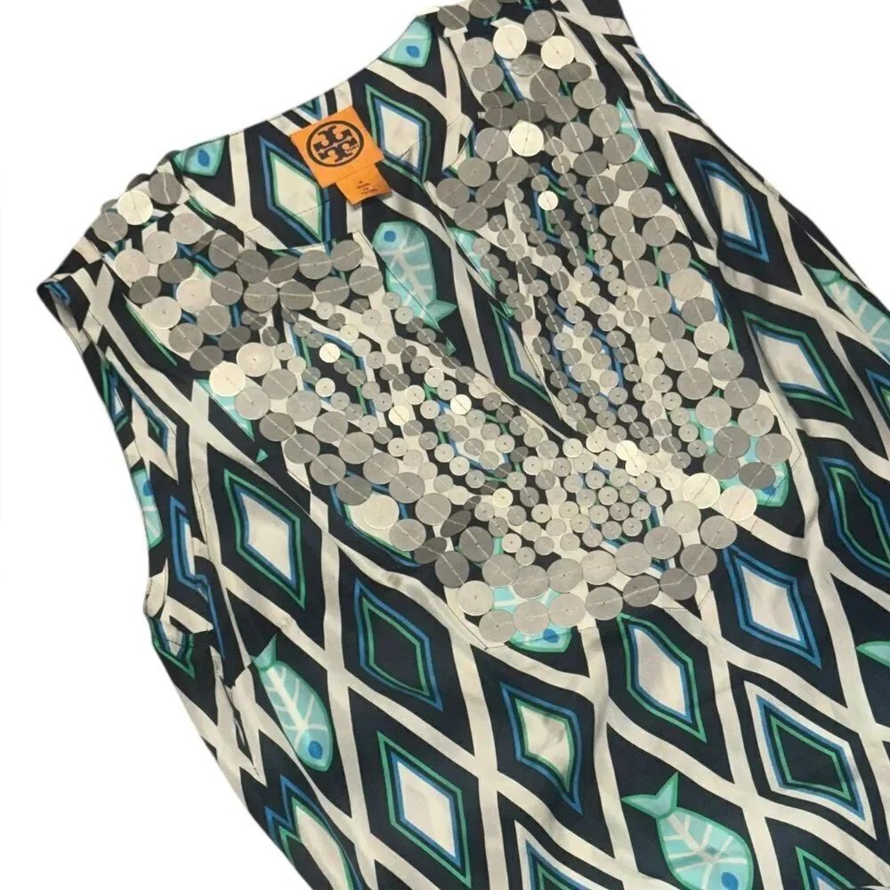 2000s TORY BURCH SILK Fish Print Blue/Turquoise embellished Kaftan Dress size 8